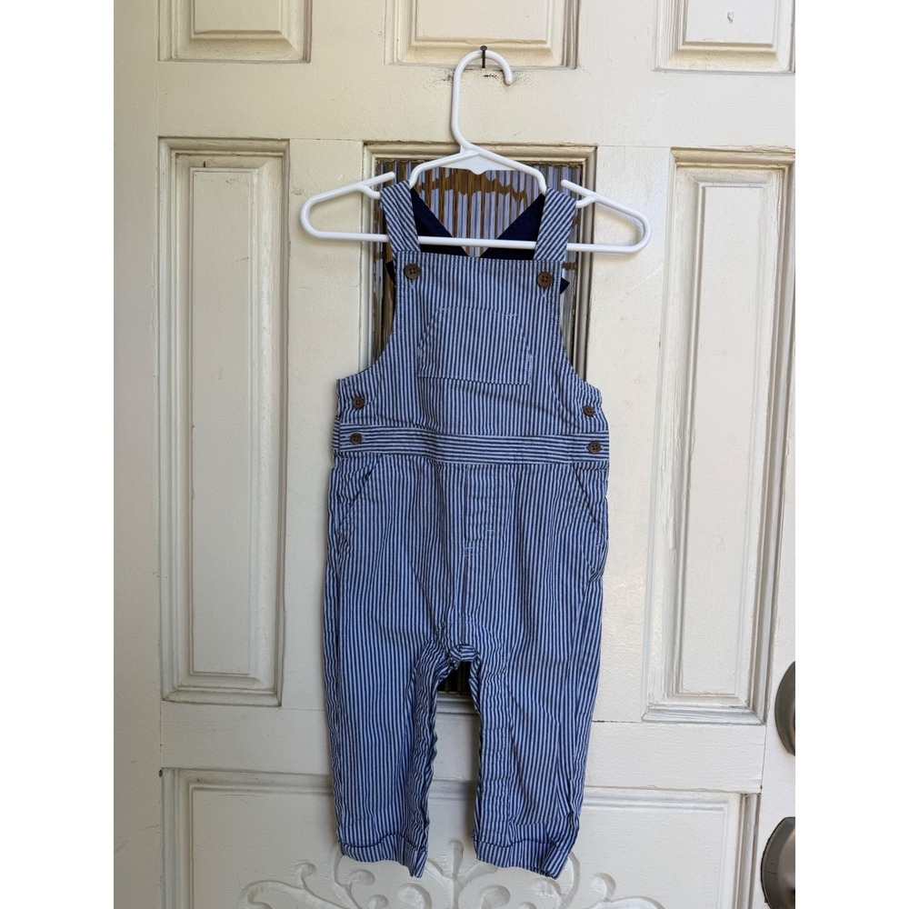 Janie and Jack Blue Hickory Stripe Cotton Overalls Bibs Size 12-18 Months